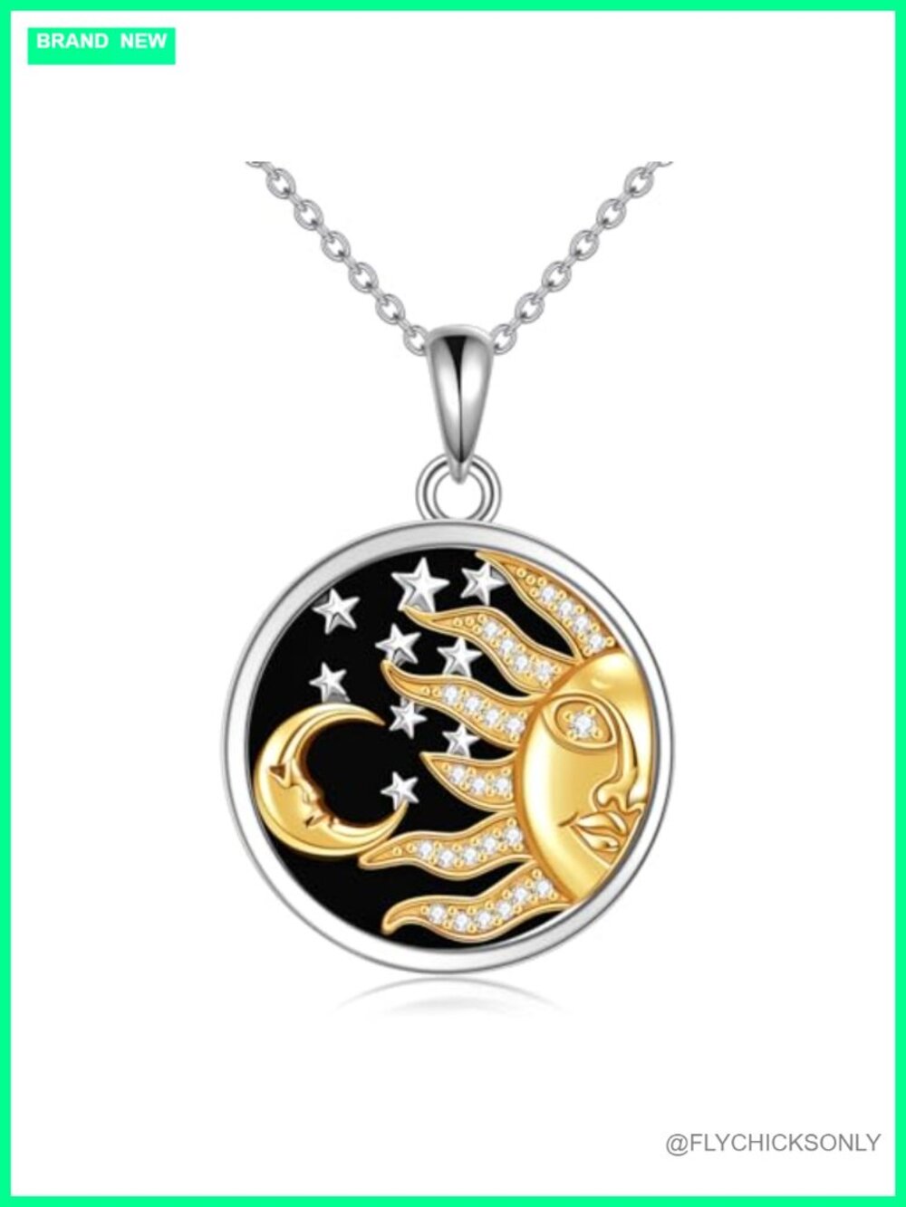 Sun Moon Necklace 925 Sterling Silver Black Onyx Zircon Pendant